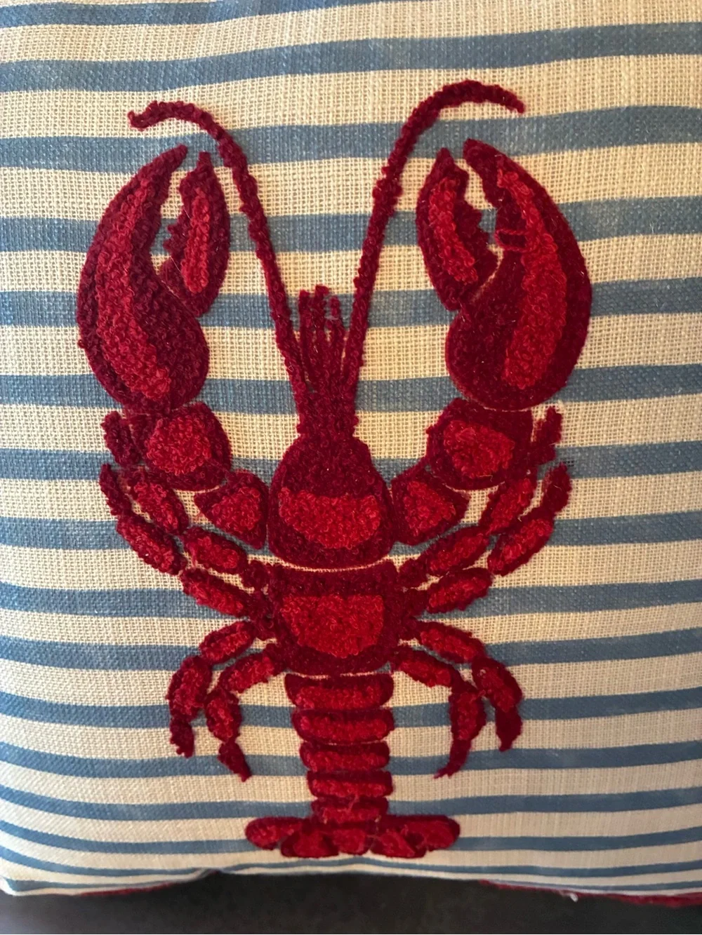 Nautica, LOBSTER pillow BLUE and WHITE stripe / RED embroidered lobster and trim